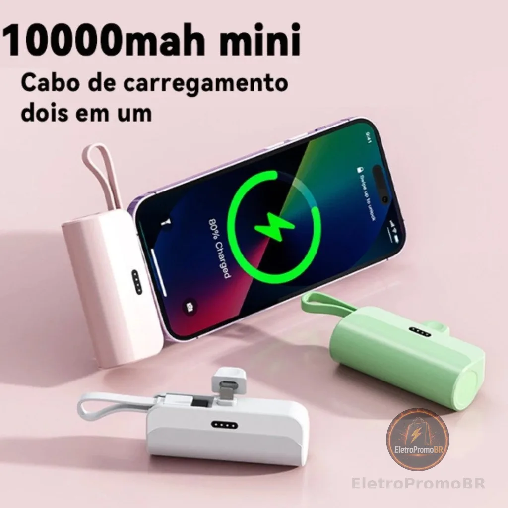 Carregador Mini Power Bank 10000mAh Bateria Sem Fio 2em1 Carregador Portátil para iPhone e Tipo-C