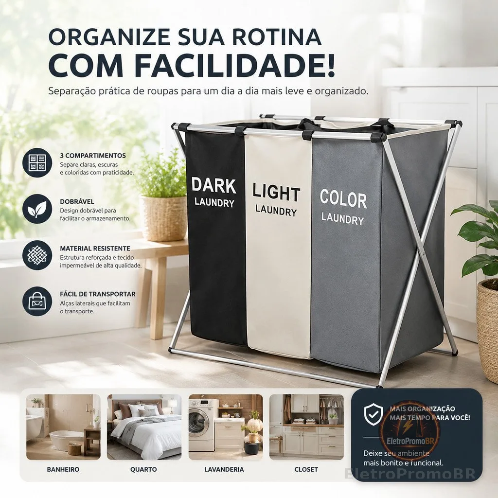 Cesto Roupa Suja cesto de roupa suja moderno Dobravel 3 Compartimentos Organizador Grande