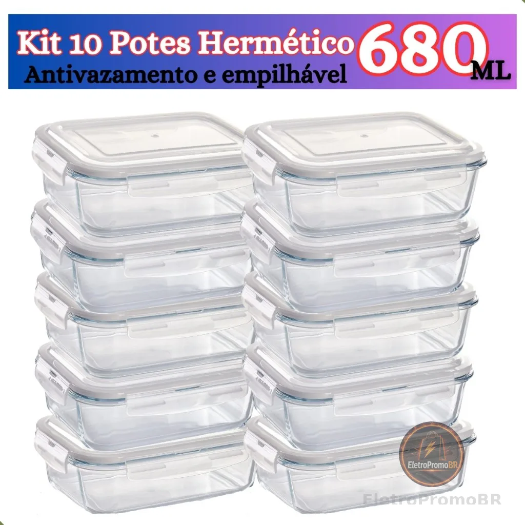 Kit de 6 até 12 Potes de Vidro 640ml - 370 ml Hermético Marmita Fit com Tampa 4 Travas Premium