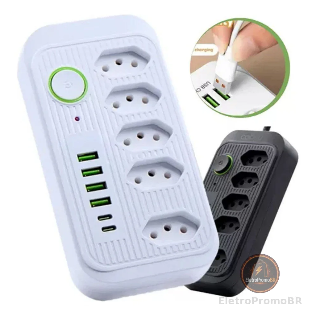 Extensão Tomadas com USB e TypeC Universal Bivolt 110v/220v 2500W Power 2m Filtro De Linha Segurança