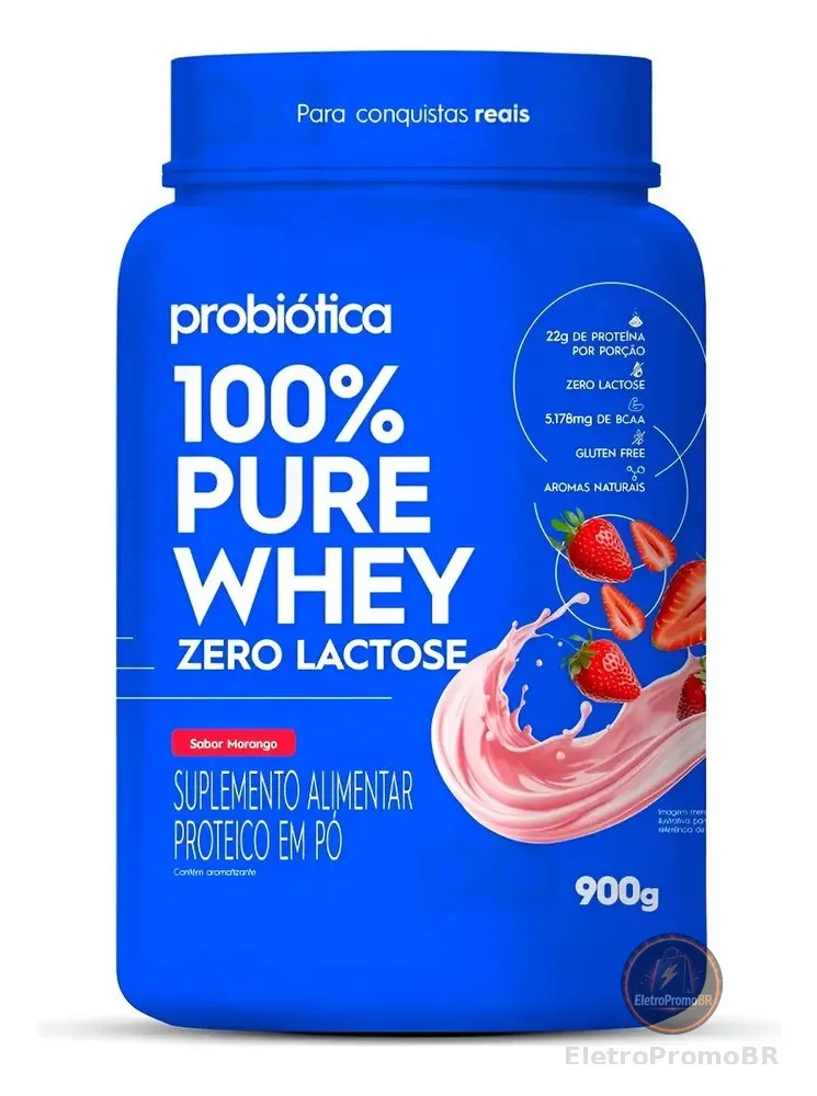 100% Pure Whey Zero Lactose 900g - Sabor Morango Probiótica Morango