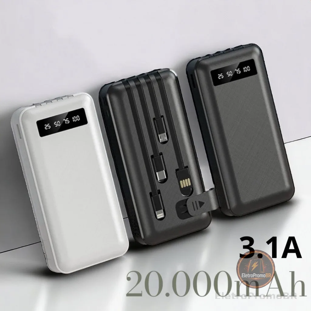 Carregador Power Bank Portátil 20000mah Universal Saida 4 Cabos com suporte lanterna