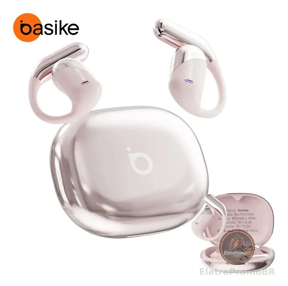 Fone de Ouvido Sem Fio Bluetooth 6.1 Esportivo OWS Com Ganchos Estéreo Hi-Fi com Microfone para Chamadas Claras, Controle de Volume Basike Fone Ouvido para Academia Corrida e Gamer, 100h Standby Rosa