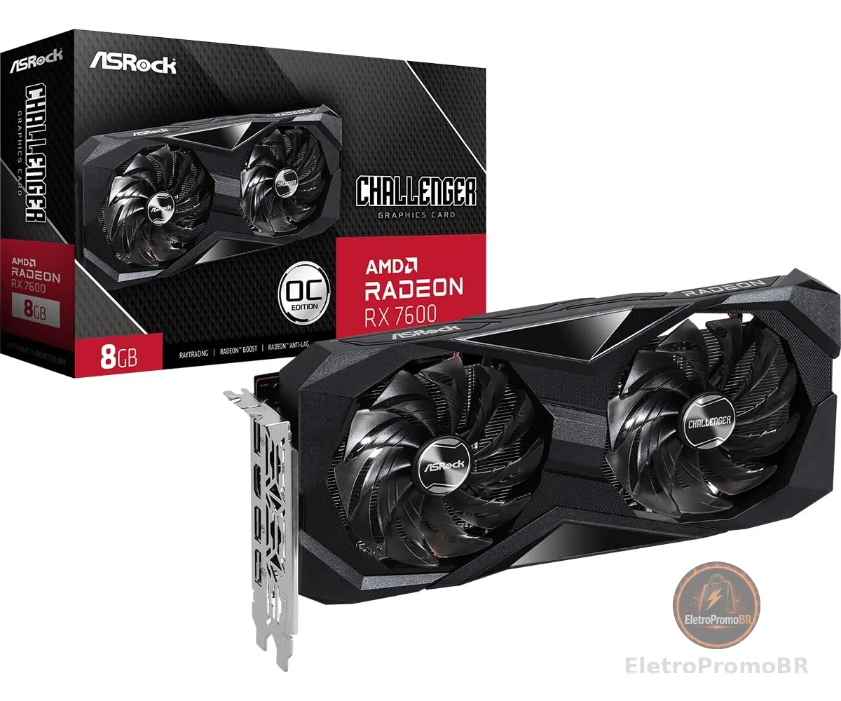 Placa de Vídeo ASRock Radeon RX 7600 Challenger OC, 8GB, GDDR6, 128-Bit, FSR, Ray Tracing, Preto