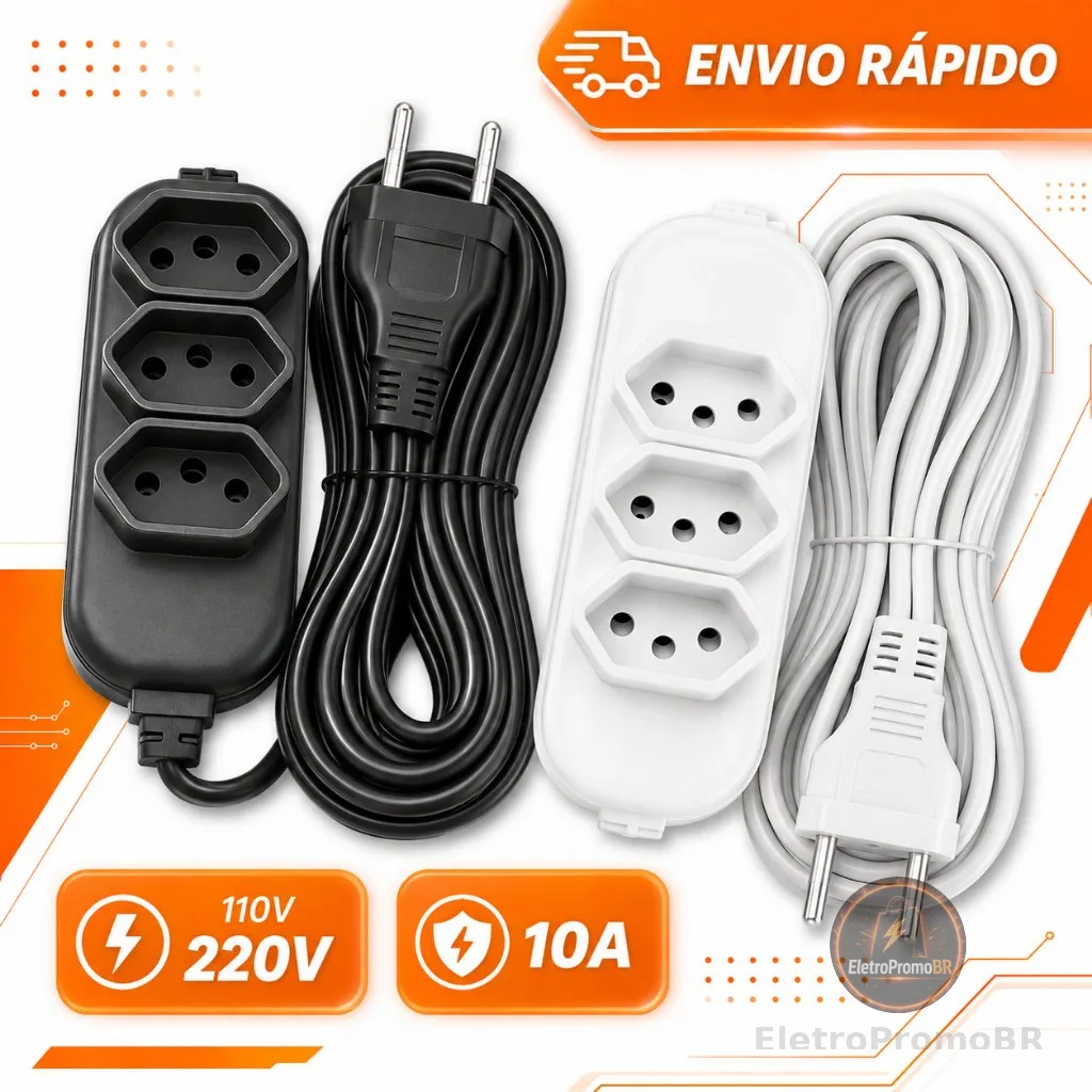 Extensão de Energia 10A Bivolt 110/220V 2m 3m 5m 10m Tripolar Preta Durável