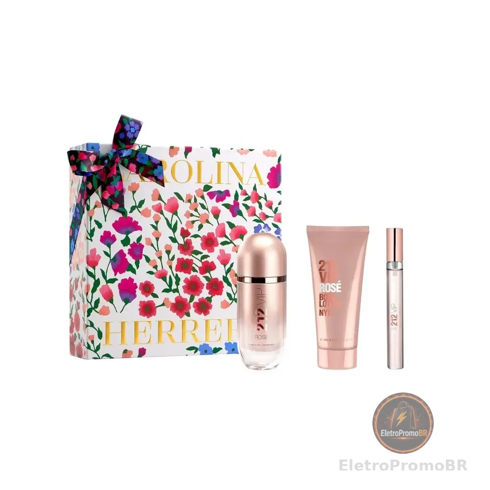 Kit Presente Perfume Carolina Herrera Feminino 212 Vip Rosé Carolina Herrera Eau De Parfum 80ml + Body Lotion 100ml + Perfume Miniatura 10ml