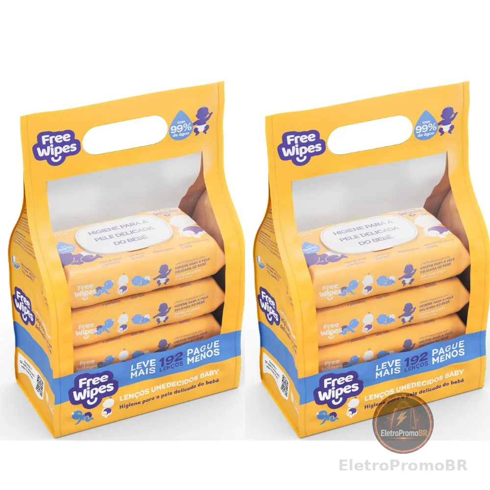 Kit com 2 Promo Pack Lenços Umedecidos Baby Free Wipes - Cuidado Puro (384 lenços)