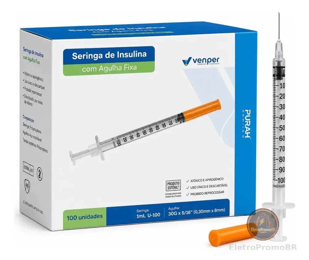 Kit 20un Seringa De Insulina 1ml Agulha Fixa 8x30mm - Venper 1 Ml