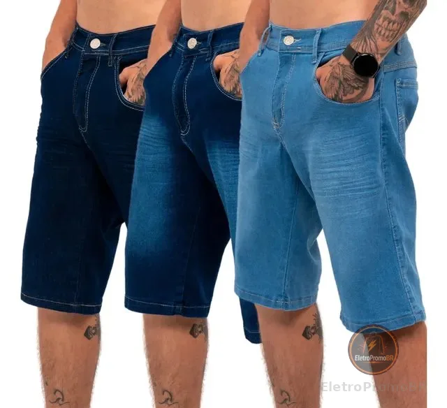 Kit 3 Bermudas Jeans Masculina Lycra Elastano
