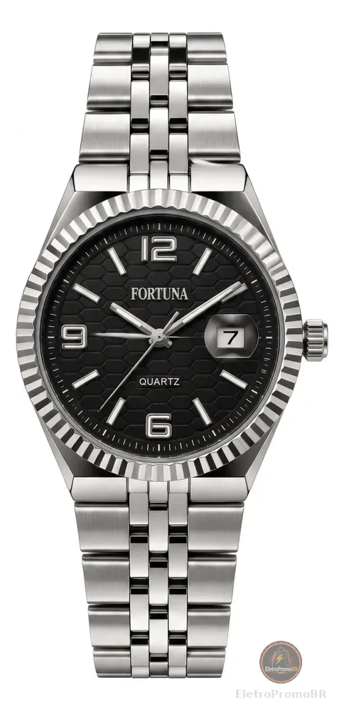 Relógio De Pulso Masculino Fortuna Quartz Minimalista Luxo Prata E Preto