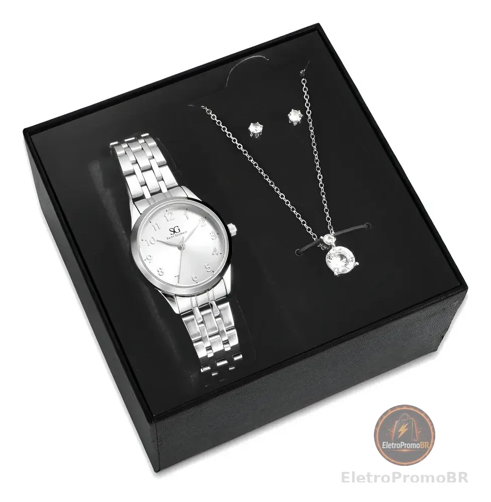 Kit Relógio Colar E Brincos Ponto De Luz Feminino Luxo Silver Saint Germain Presente Original Joias Prata Elegante Clássico 28mm