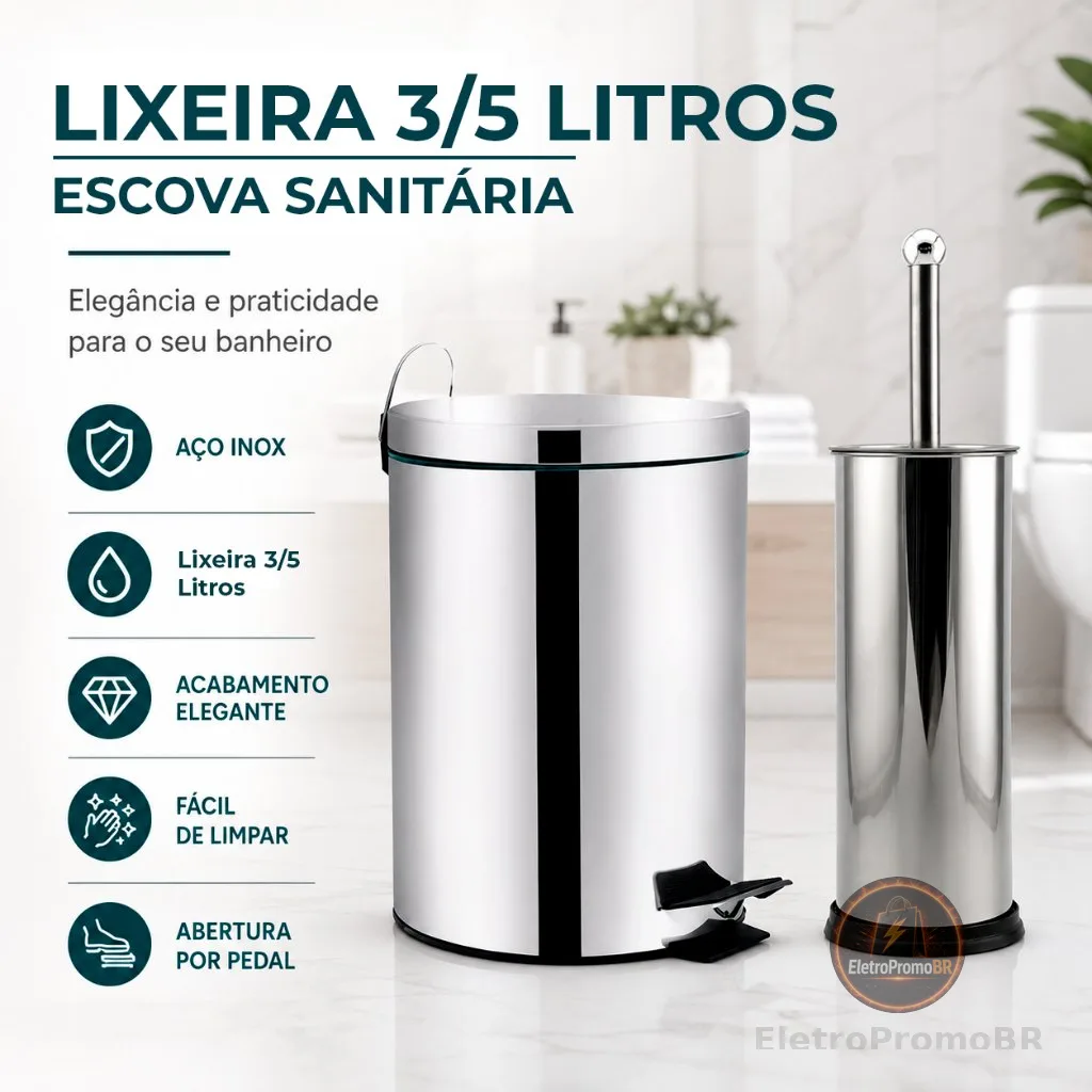 Lixeira 3/5L Escova Sanitária P/ Banheiro Luxo Chique Premium Inox Durável
