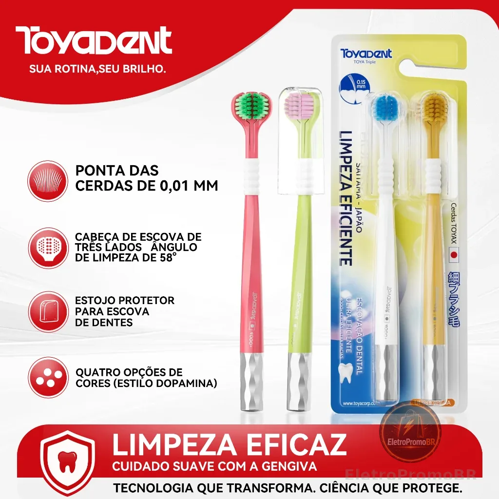 TOYADENT Escova Dental 3D 3 Lados, Cerdas Macias de Alta Densidade + Capas Protetoras