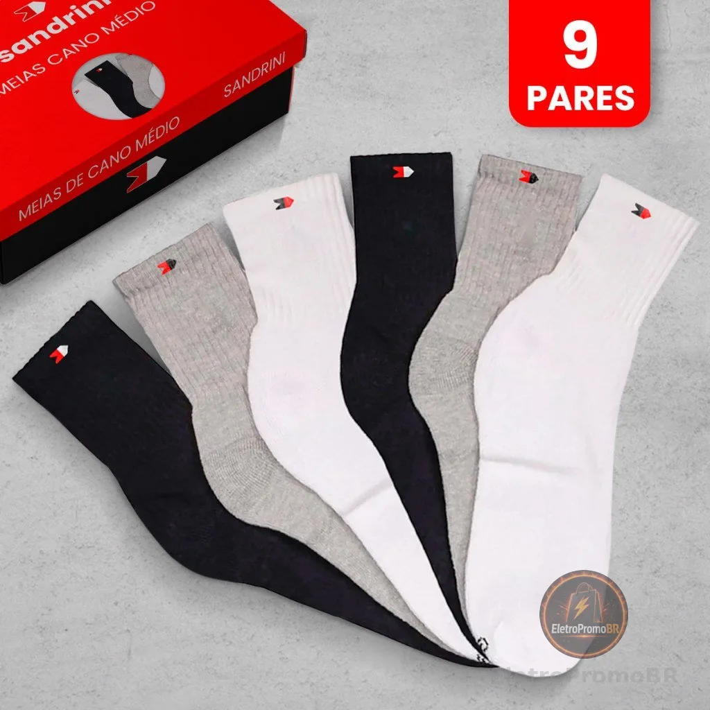 Kit 9 Pares Meias Esportivas Algodão Masculina Cano Médio Sandrini Promoção