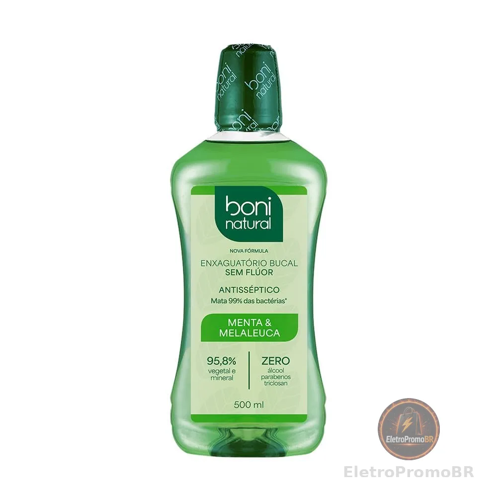 BONI NATURAL - Enxaguante Bucal Vegano, Menta e Melaleuca, Hálito Fresco e Proteção Bucal, Sem Flúor, Zero Álcool, 500 ml