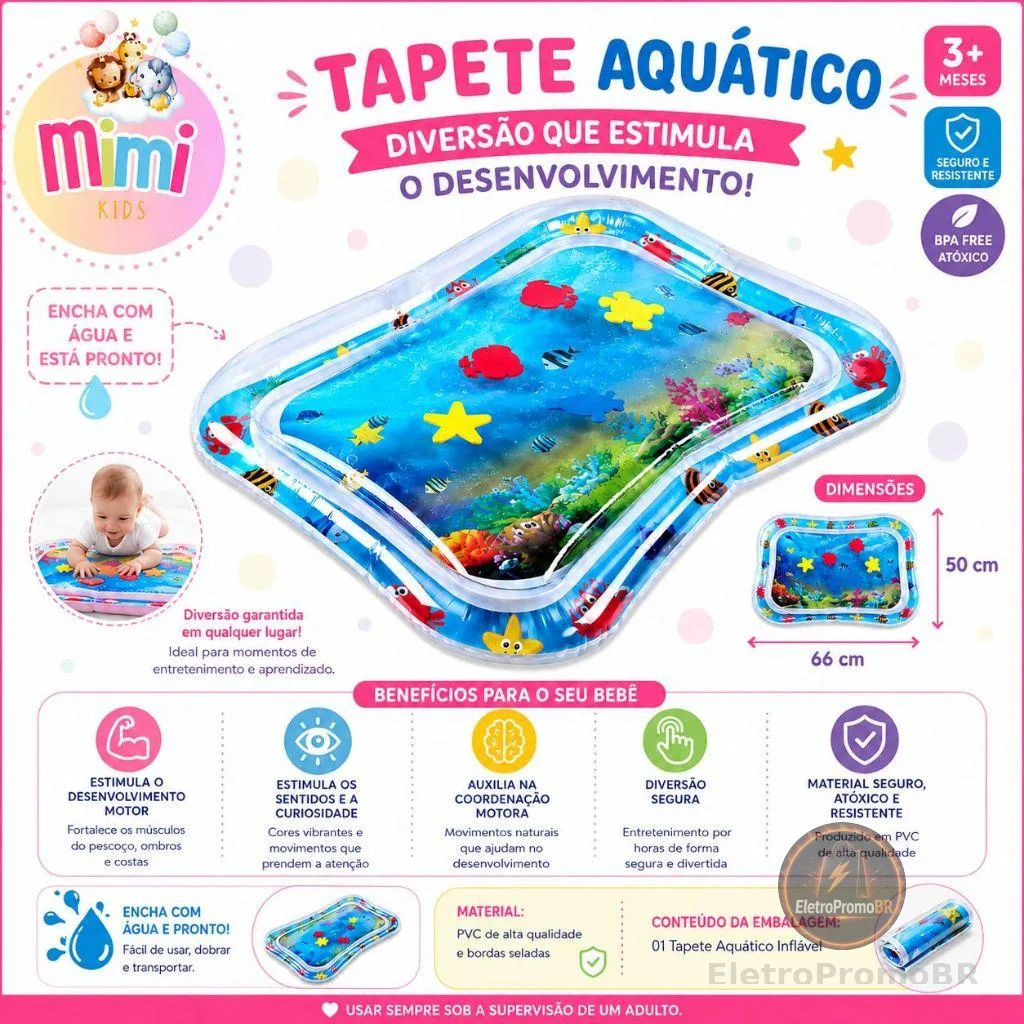 Tapete Infantil Bebê Inflável Água Atividades Sensorial Almofada Menino e Menina