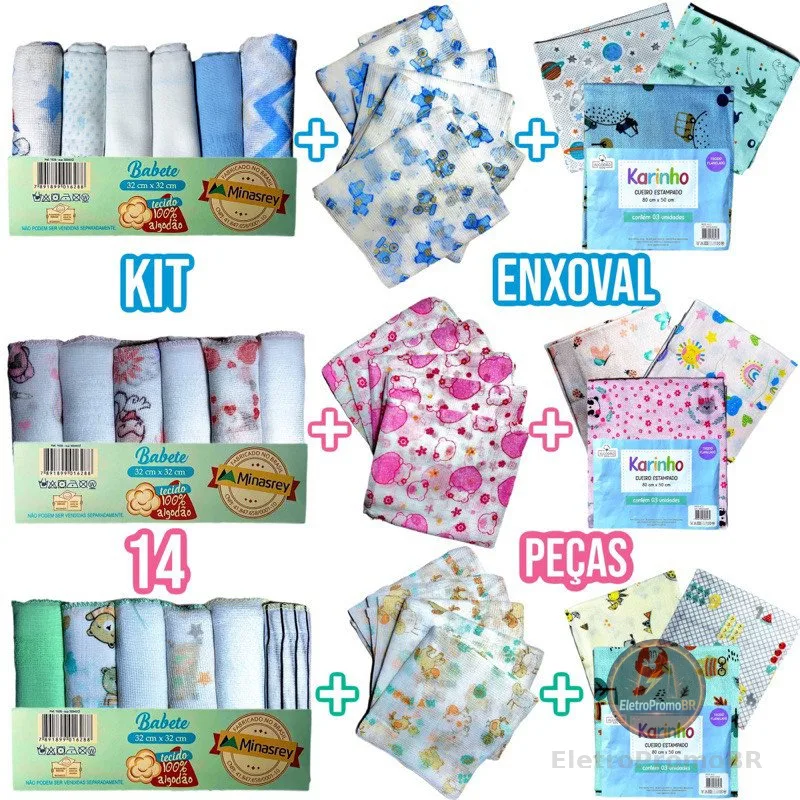 Kit Bebe Infantil 14 Peças 6 Paninho de Boca 5 Fralda de Pano 3 Cueiro Flanelado 100% Algodão Enxoval de Bebê