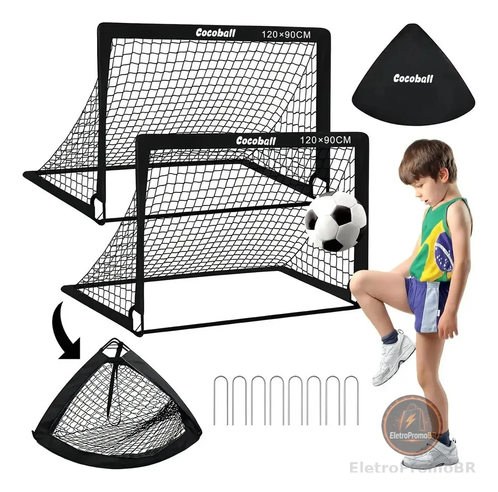 2 Traves Rede Golzinho Gol Futebol Infantil Portátil 120×90cm C/bolsa De Transporte Preto