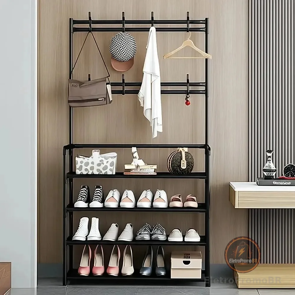 Vittak Sapateira Organizador Vertical Cabideiro Roupa Prateleiras Sapatos Bolsa Multiuso Cor Preto