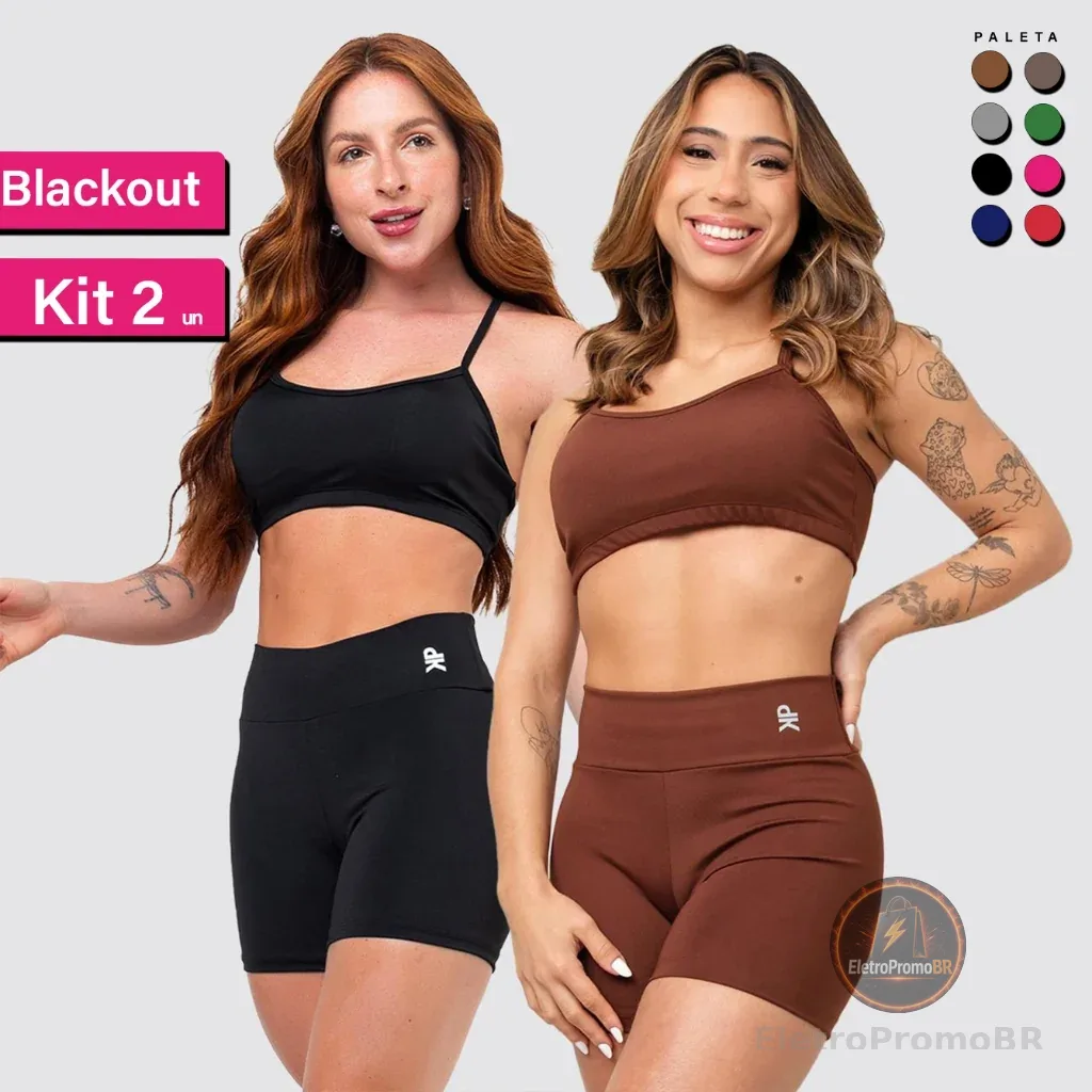 Kit 2 Conjunto Fitness Top Alça Short Legging Liso Meia Coxa Blackout Zero Transparência Academia