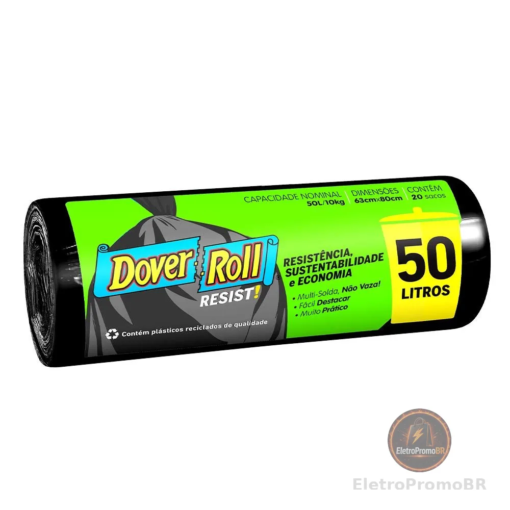 Dover-Roll Resist! 50L Preto, Rolo com 20 Sacos para Lixo