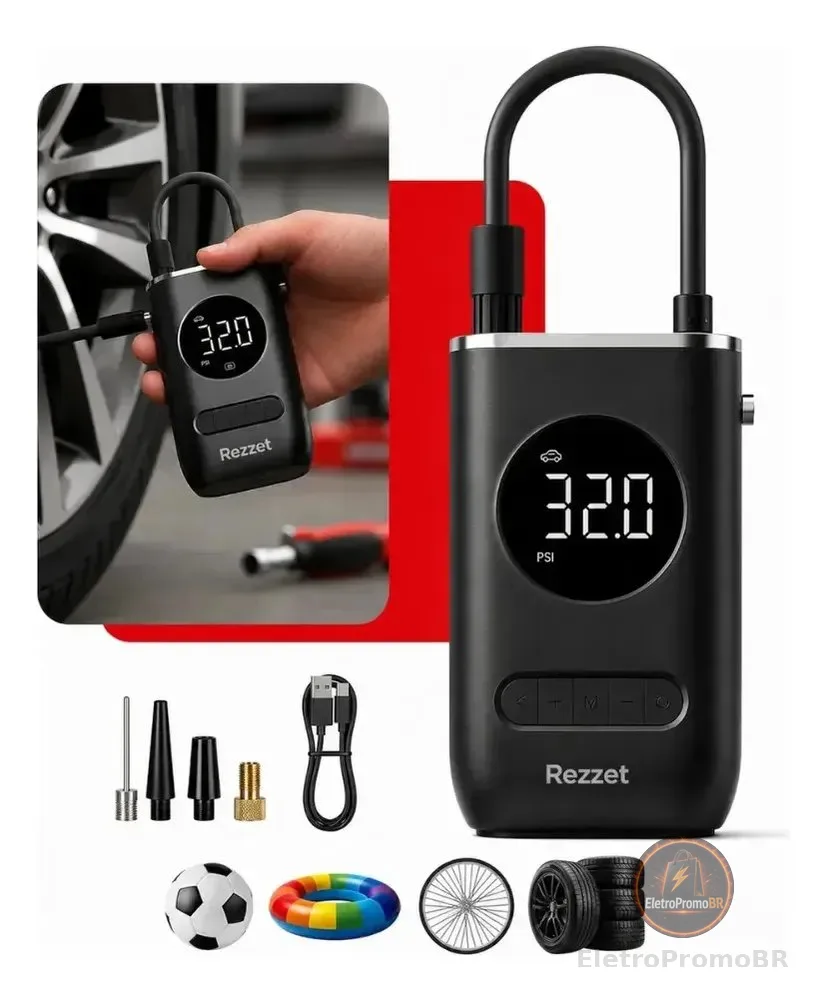 Mini Compressor Digital Rezzet Bomba De Encher Pneus Portátil Para Carro Bicicleta Motocicletas Cor Preto Com Calibrador