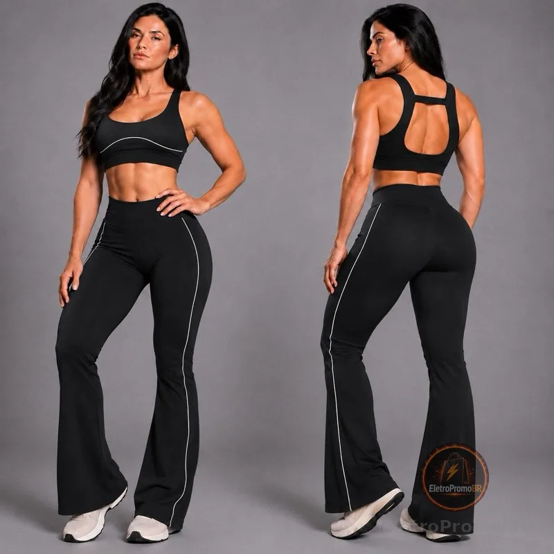 Conjunto Fitness Feminino Poliamida Premium Calça Flare Cintura Alta Top