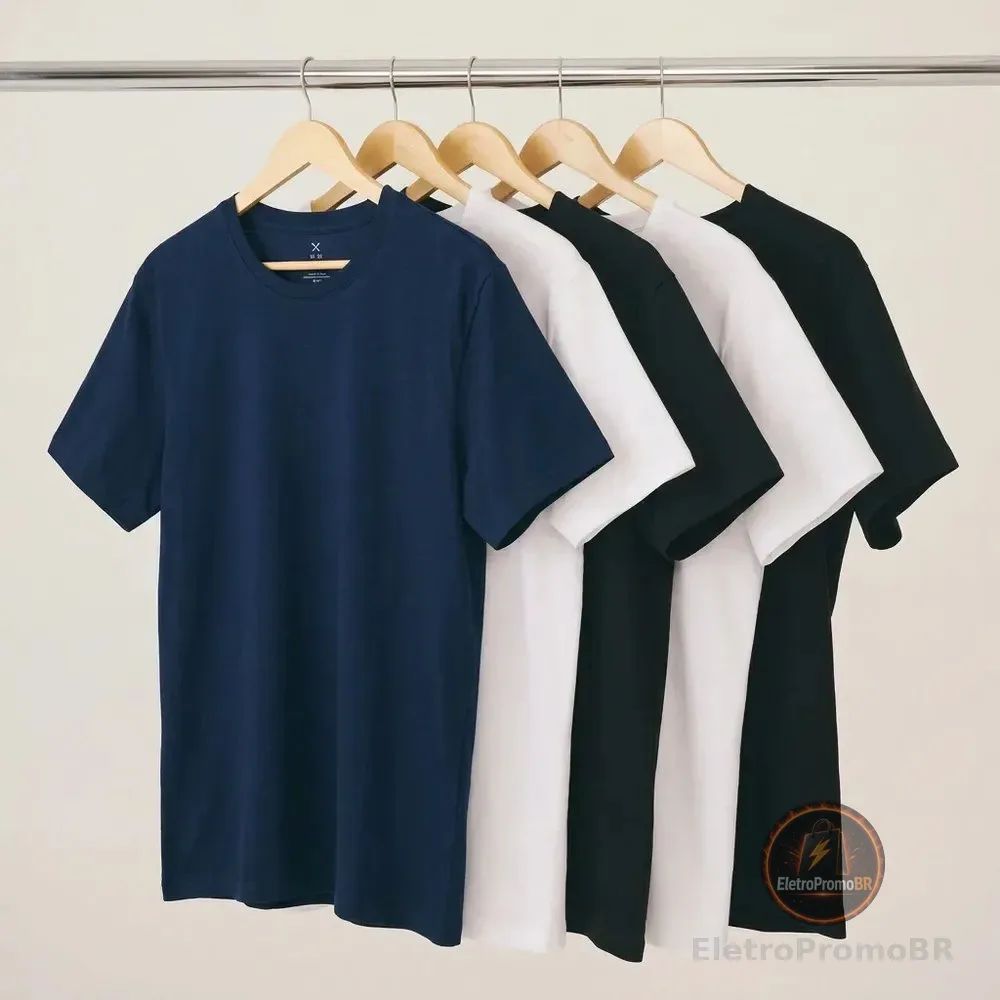Kit 5 Camisetas Hering Dia A Dia Masculinas Básicas Original Preto - Azul - Branco G