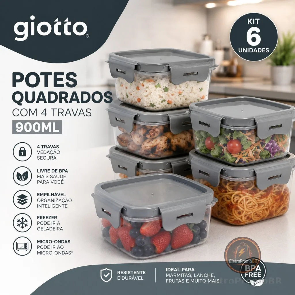 Kit 6 Potes 900ml Cinza com 4 Travas Vedação Segura para Alimentos Hermético Marmita Fitness Giotto