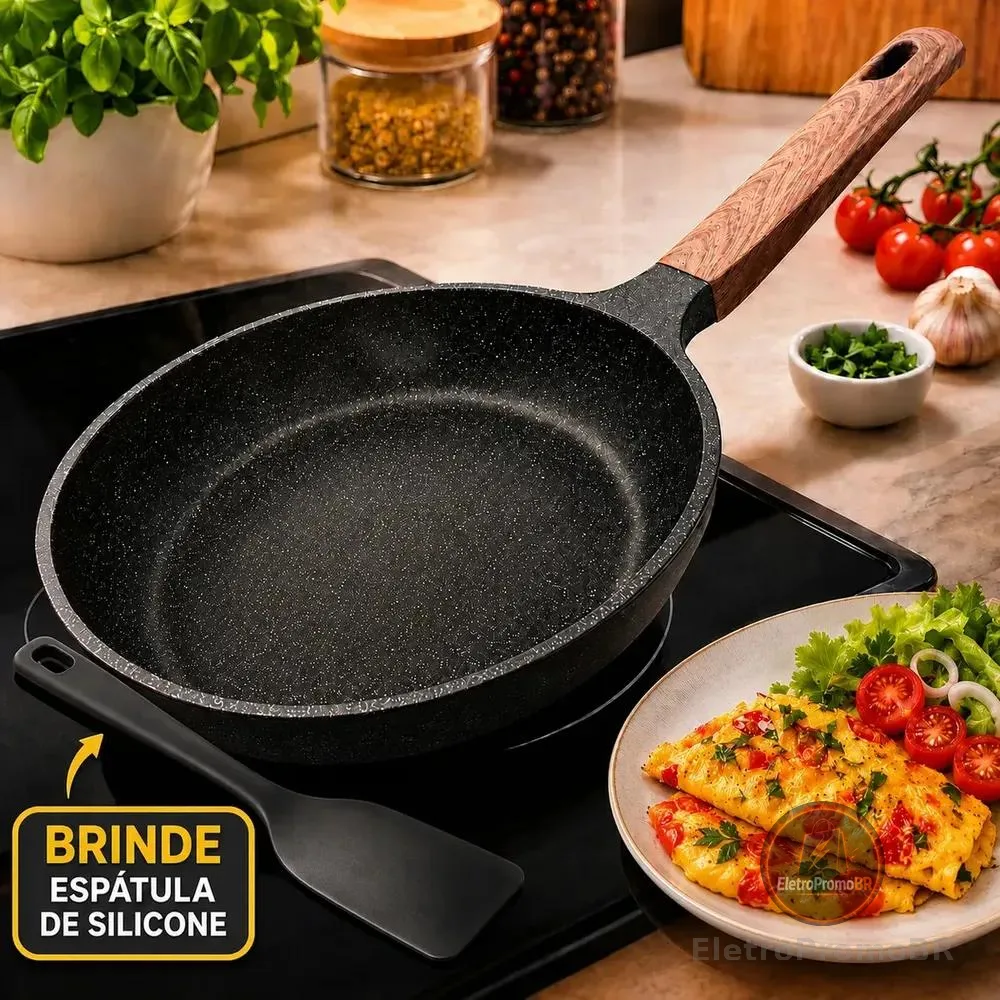 Frigideira Cerâmica Antiaderente Grande 24cm Acompanha Espátula Para Fogão A Gás Indução Cooktop Sem Óleo Não Gruda Profissional PÍTIA