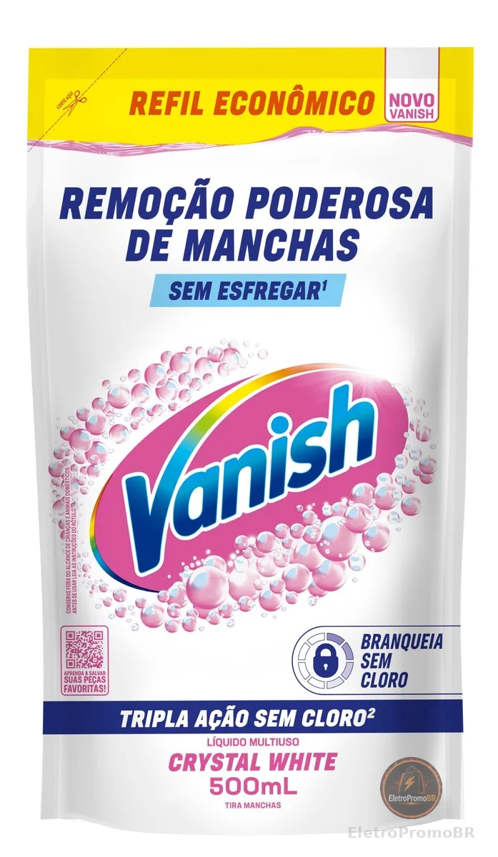 Tira Manchas Líquido Vanish White refil 500ml para Roupas Brancas. Sem Cloro, remove manchas sem danificar os tecidos e deixa o branco até 5 tons mais branco. Confie em Vanish.