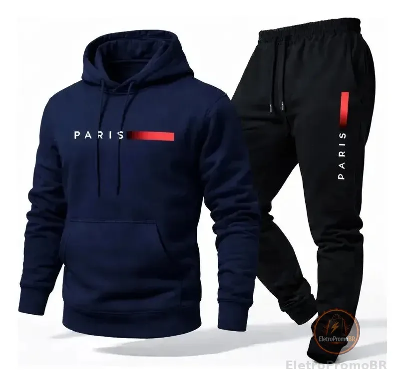 Conjunto Moletom Calça Unissex Paris Canguru Casaco Frio M Azul-marinho