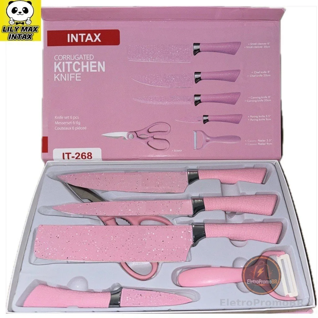 Jogo De Facas Inox Descascador E Tesoura 6 Peças Rosa