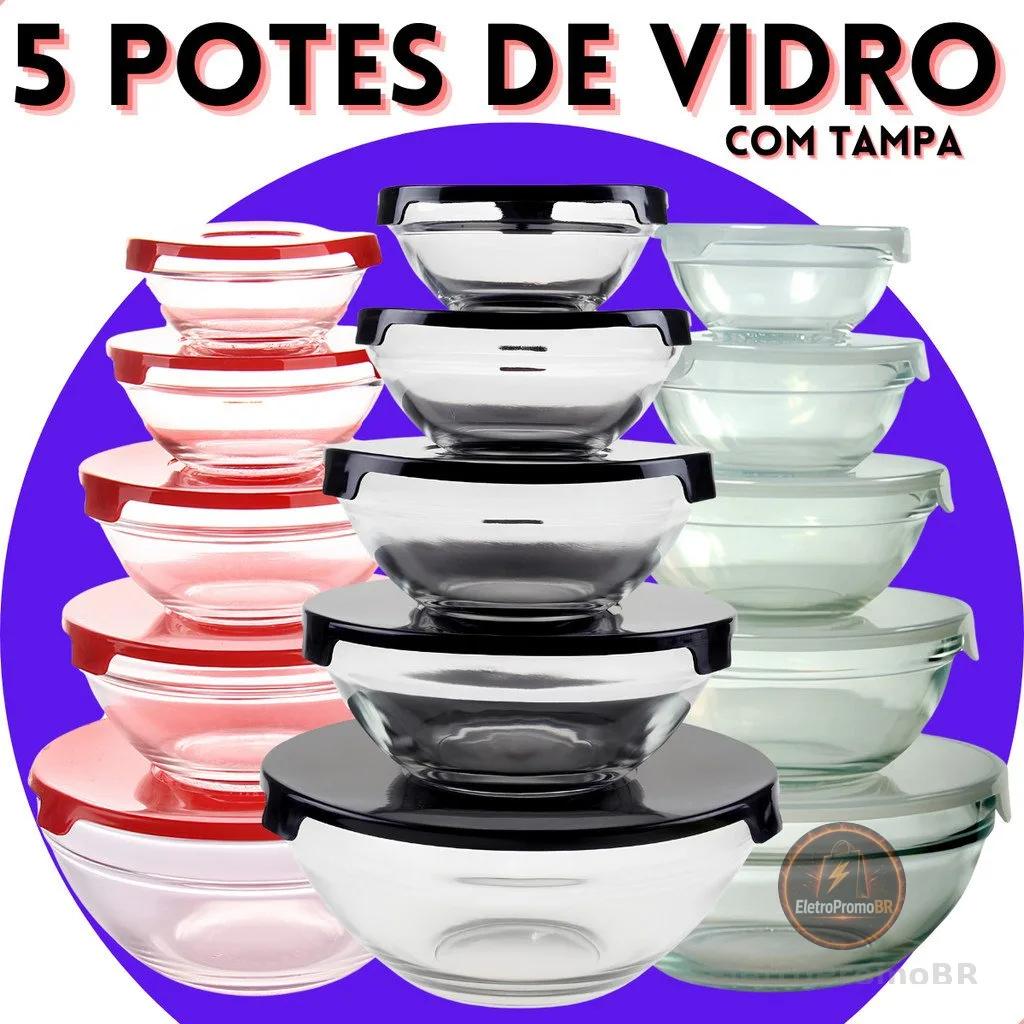 Conjunto Tigela Vidro Bowl Marmita Tampa 5 Peças Herméticos