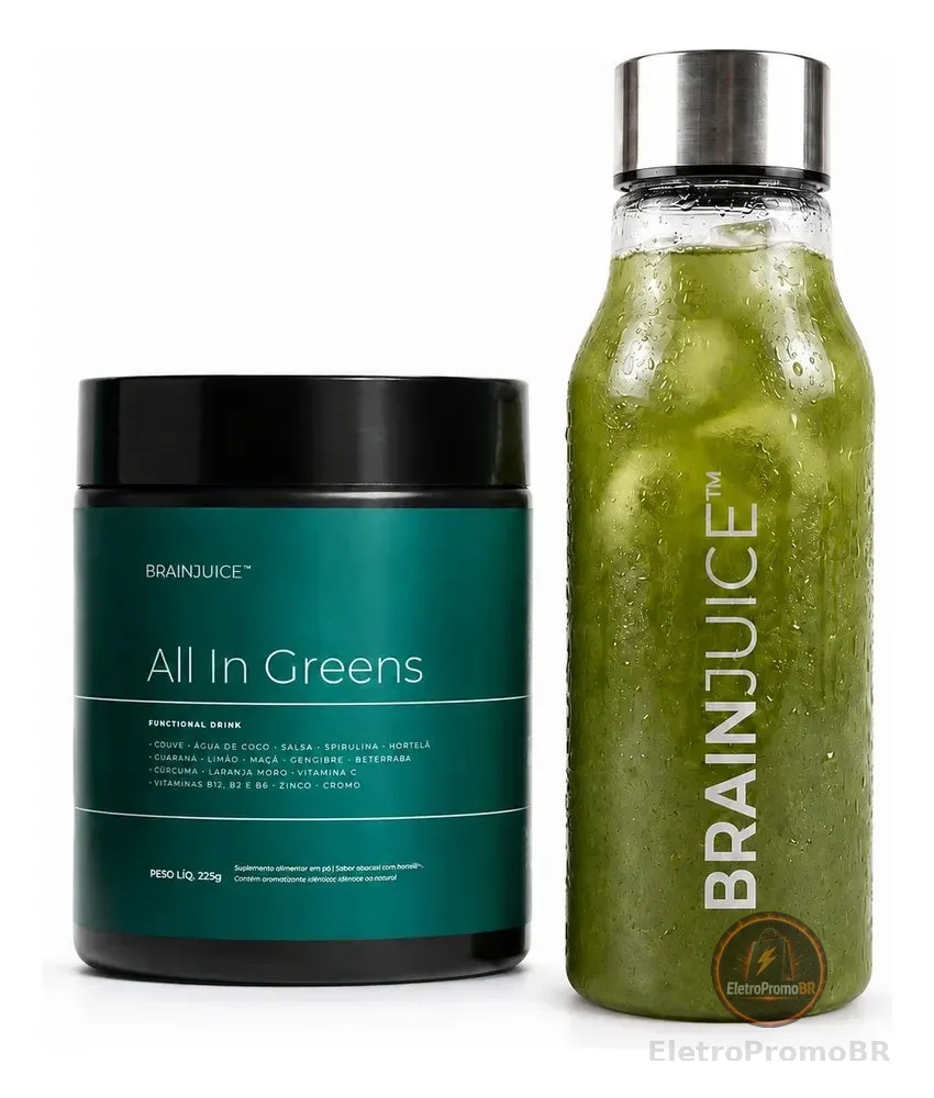 Kit All In Greens Brainjuice + Garrafa Premium De Treino Abacaxi Com Hortelã