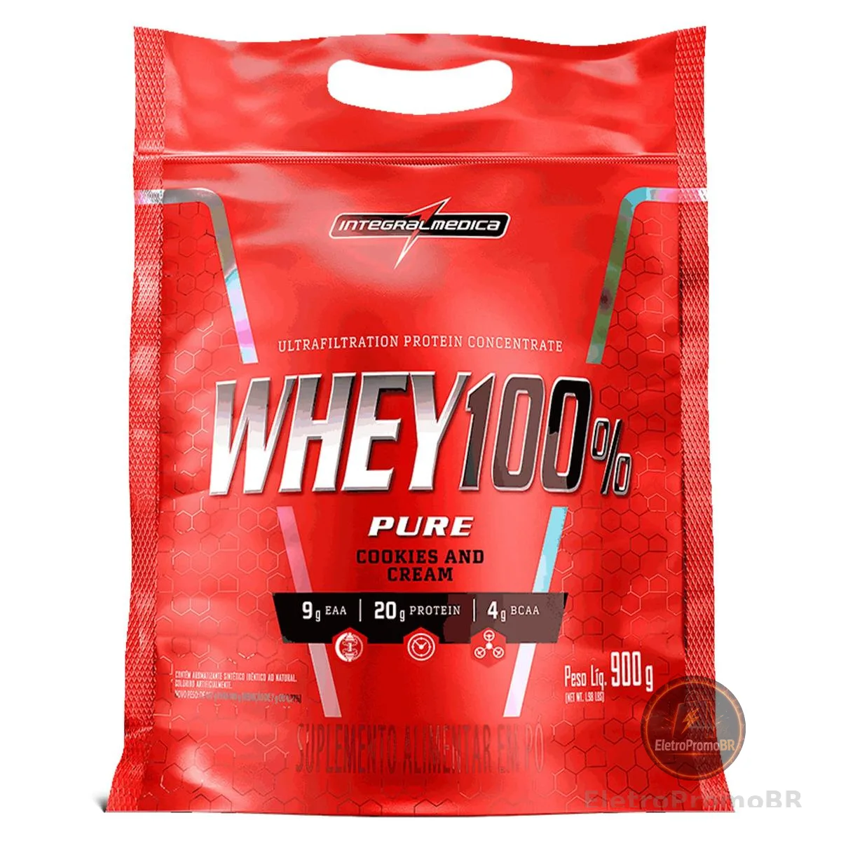 Integralmedica - Whey Protein Concentrado Cookies and Cream 100% Pure - 20g de Proteína por Scoop, Suplementação Alimentar Pós-Treino, Fórmula Enriquecida com BCAAs - Pouch 900g