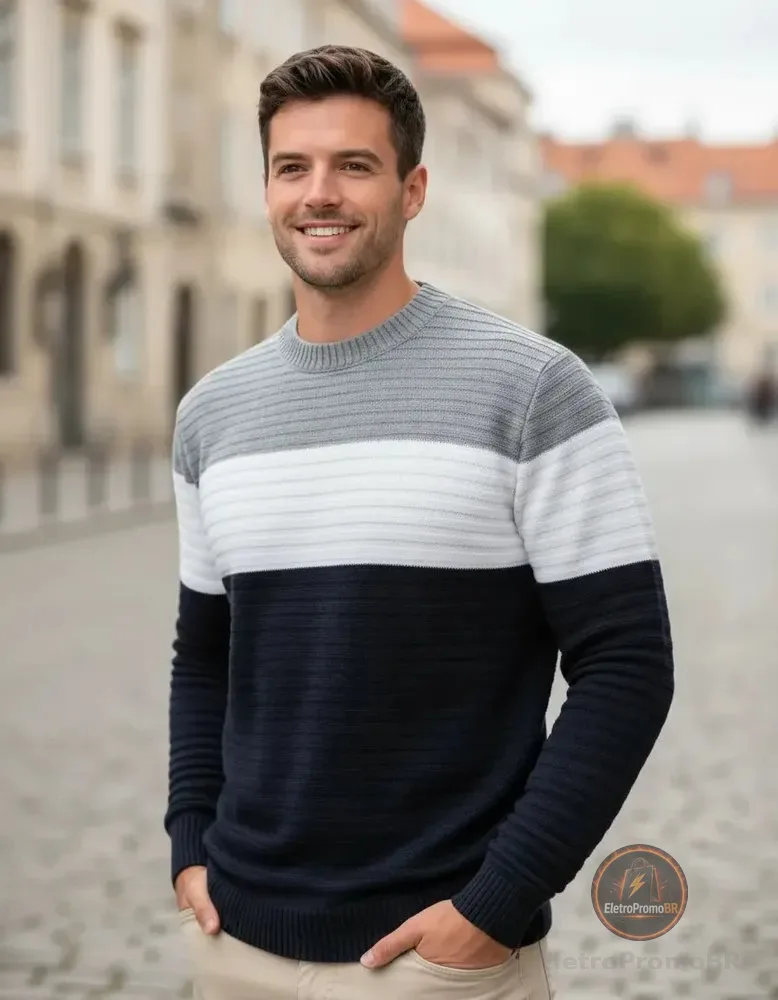 Suéter Masculino Blusa De Frio Lã Tricô Texturizado Premium Prata Casaco Masculino Térmico M