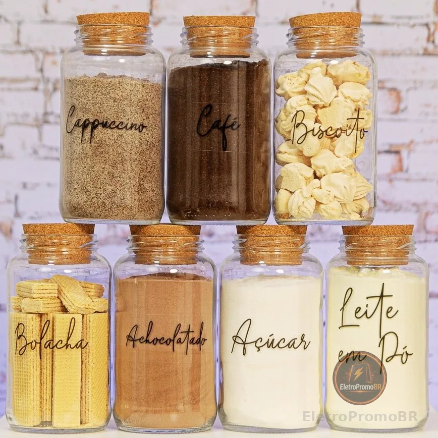 Kit Cantinho do Café - ESCOLHA SEU KIT - Potes de Vidro 830 ml com Tampa de Cortiça + Adesivos