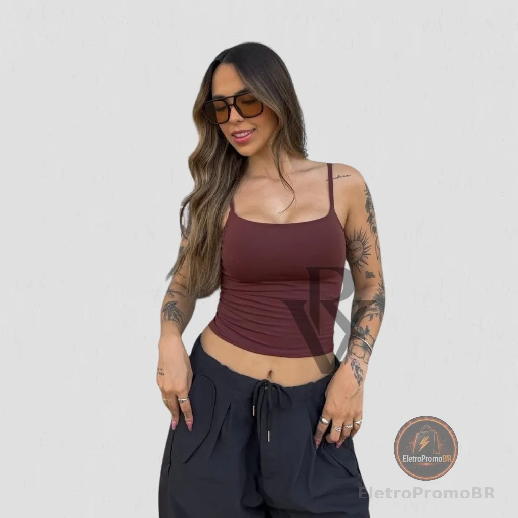 Regata De Alcinha Cropped Tube Feminino Básico Suplex Marrom Azul