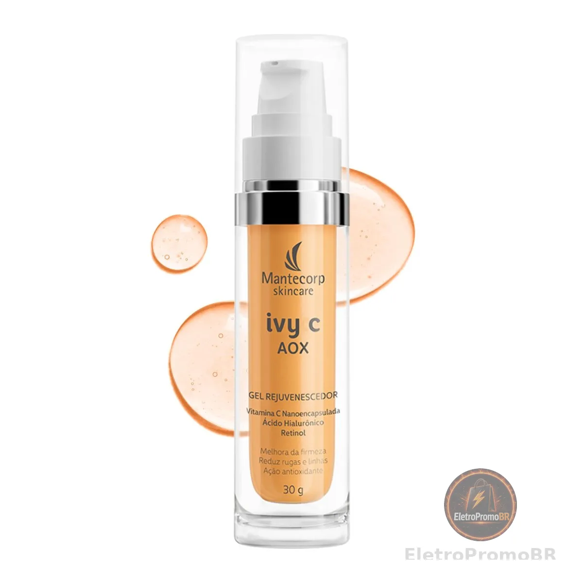 MANTECORP - Gel Rejuvenescedor Facial Ivy C AOX - Vitamina C Pura Nanoencapsulada, Ácido Hialurônico e Retinol, Redução de Rugas em 7 Dias - 30g