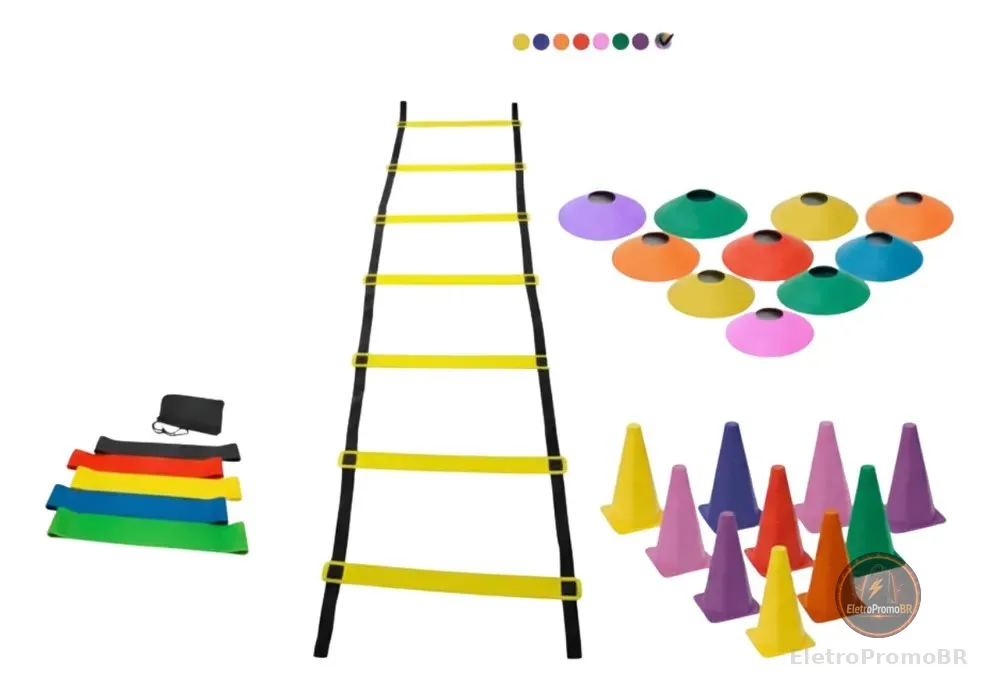 Kit Agilidade  Fitness 10 Cones 10 Chapéus 1 Escada 5 Faixas Colorido
