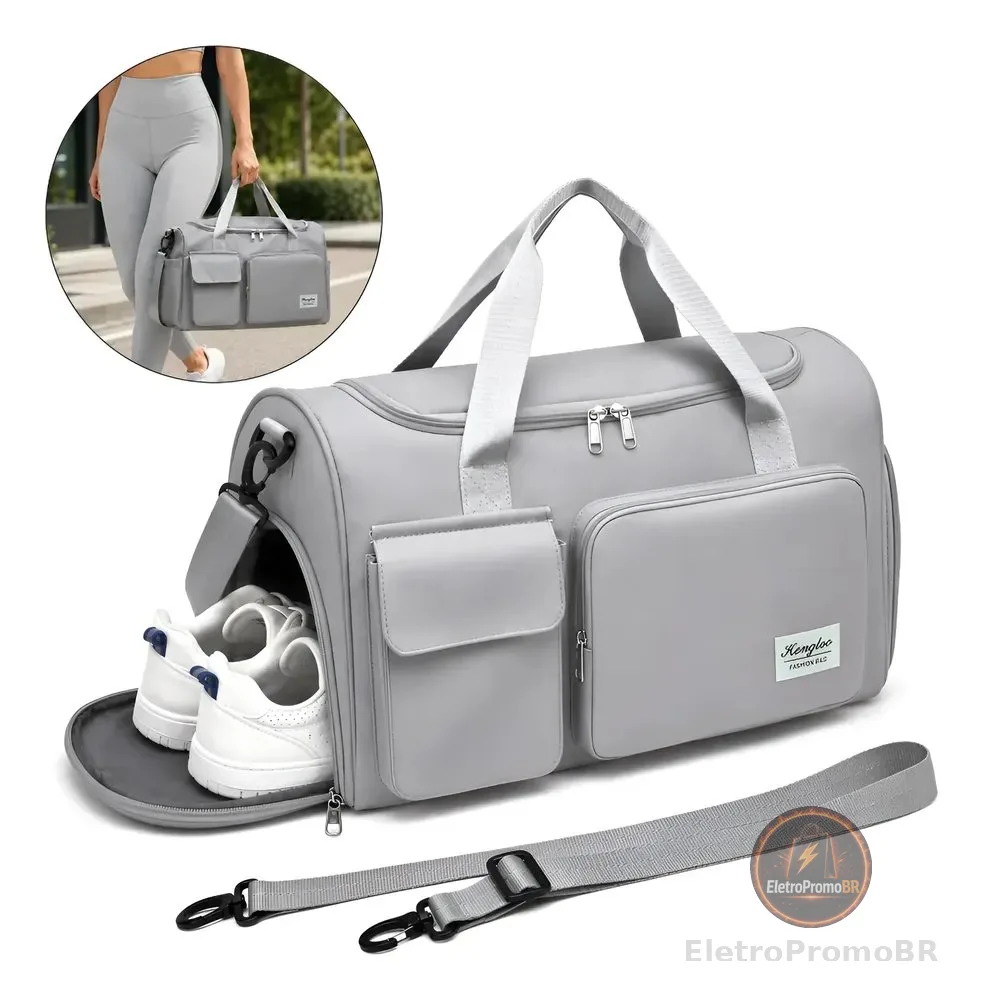 Bolsa Mala De Mão Dobrável Viagem Academia Artigos Tenis Cinza