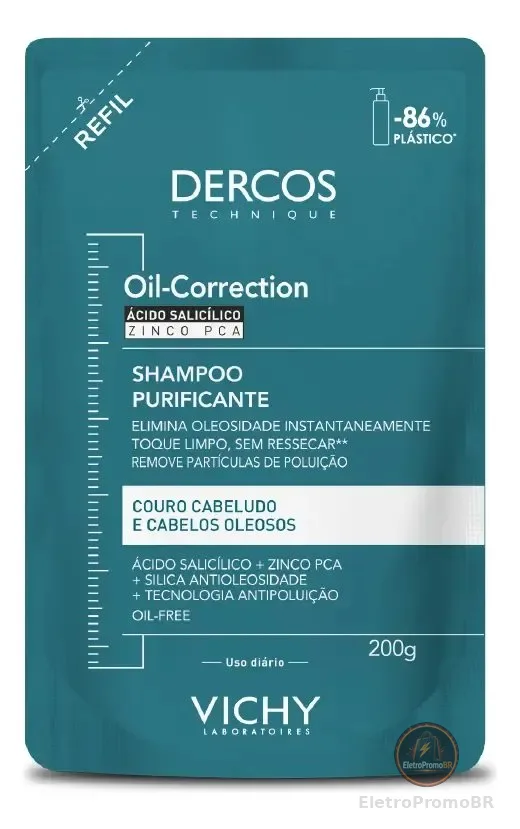 Refil Shampoo Purificante para Cabelos Oleosos Limpeza Profunda sem Ressecar os Fios Fórmula com Ácido Salicílico e Zinco PCA Oil-Correction Vichy Dercos 200g