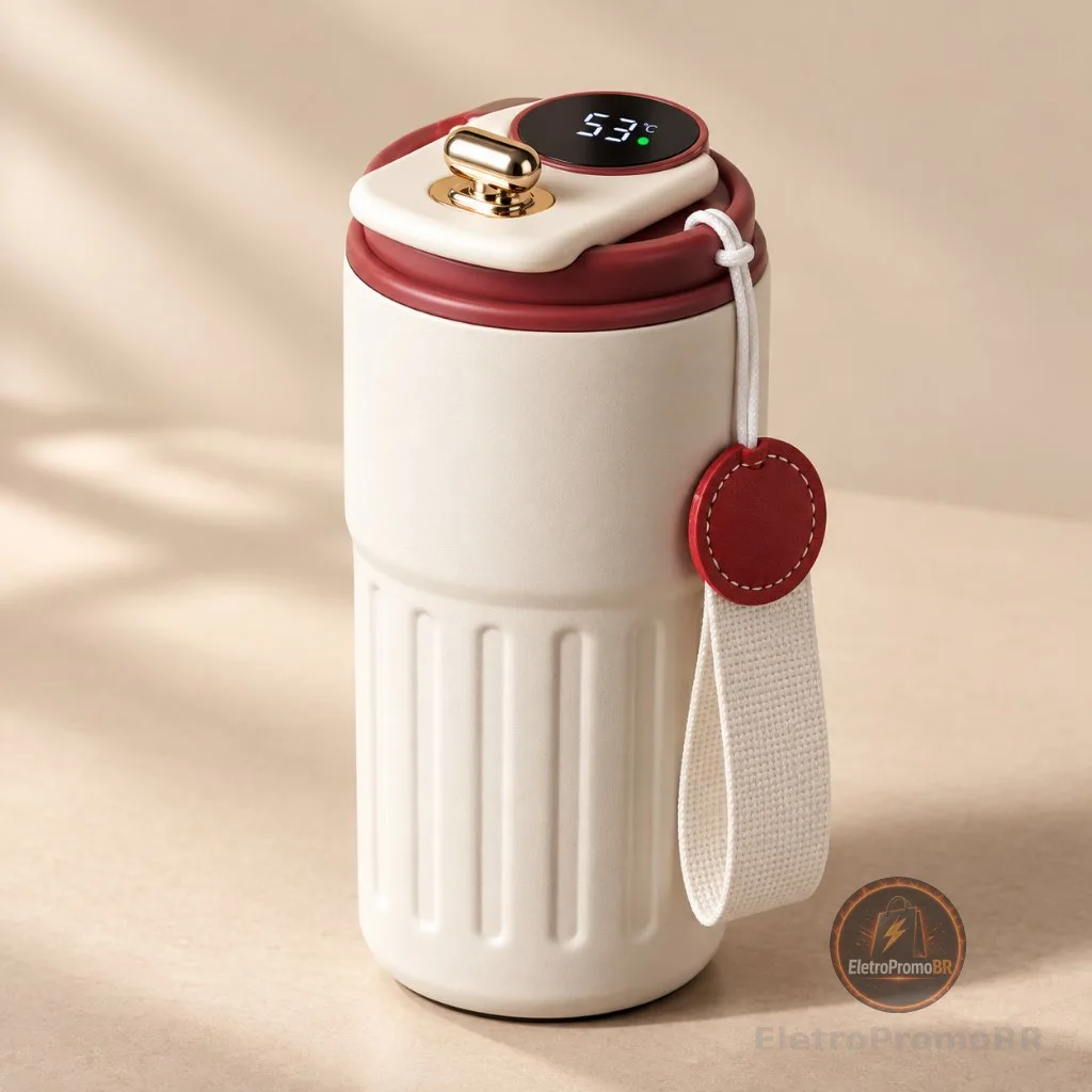 Copo Térmico para Café com Display LED de Temperatura Tampa com Trava e Alça Portátil