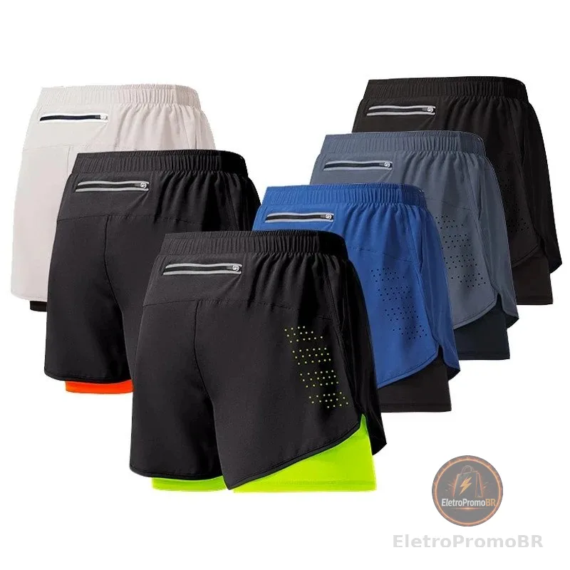 Shorts De Corrida Masculino De Secagem Rápida Fitness Preto Dupla Camada Novo Esporte Treino Treinamento Musculação Calç