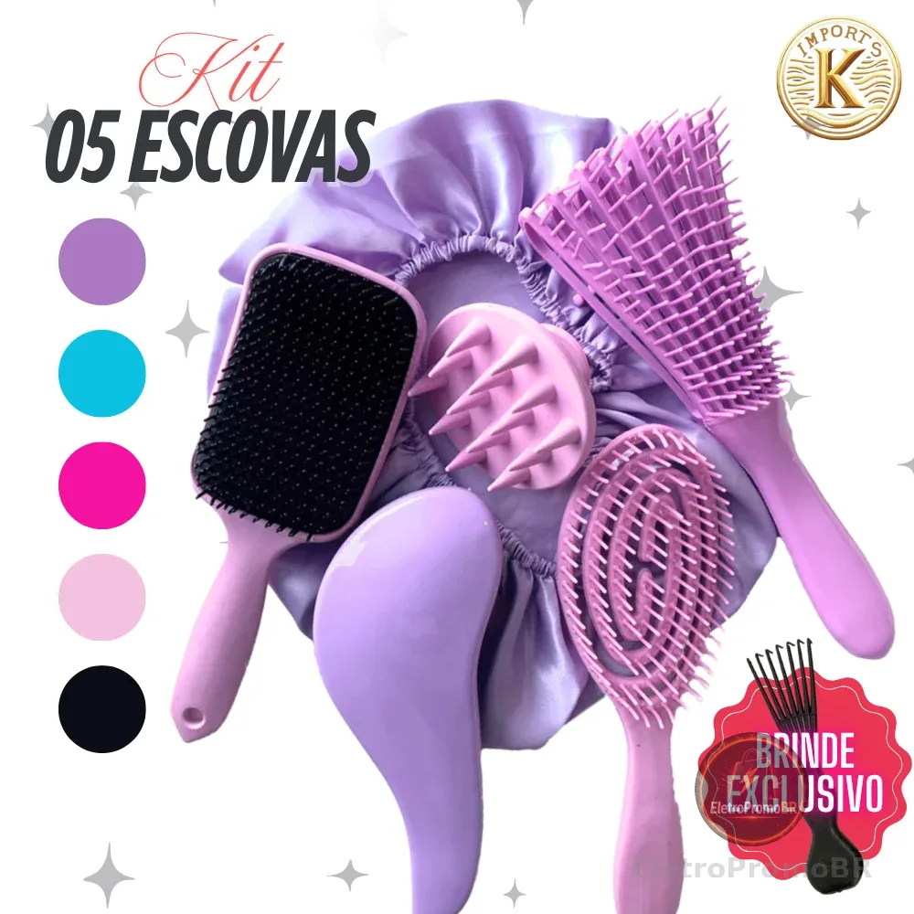 Kit 5 Escovas de Cabelo  + Touca de Cetim – Raquete Fashion, Mágica, Polvo, Massageadora de Silicone
