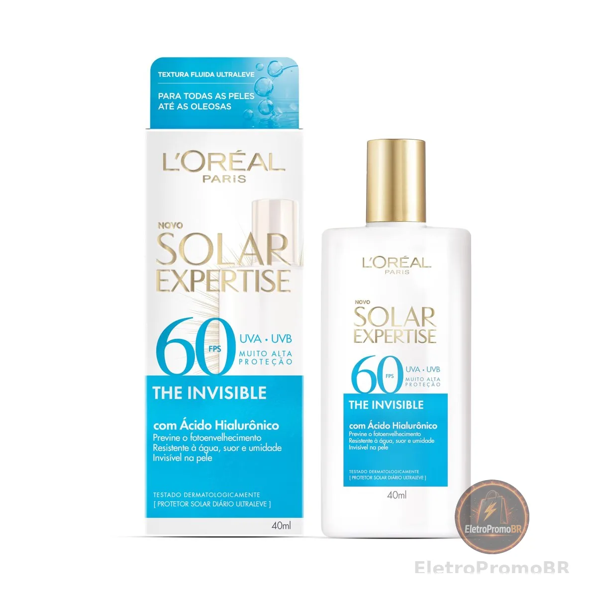 L'Oréal Paris Solar Expertise, Protetor Solar Facial The Invisible Fluido FPS60 com Ácido Hialurônico e Tecnologia NETLOCK, Alta Proteção Solar com Ação Anti-Idade, Sem Cor 40g