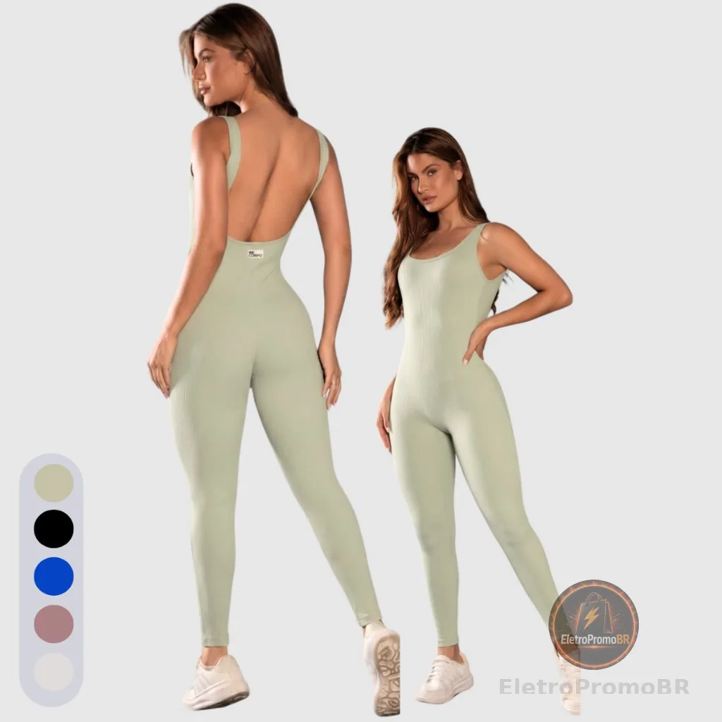 Macacão Longo Fitness Feminino Costas Abertas Academia Moda