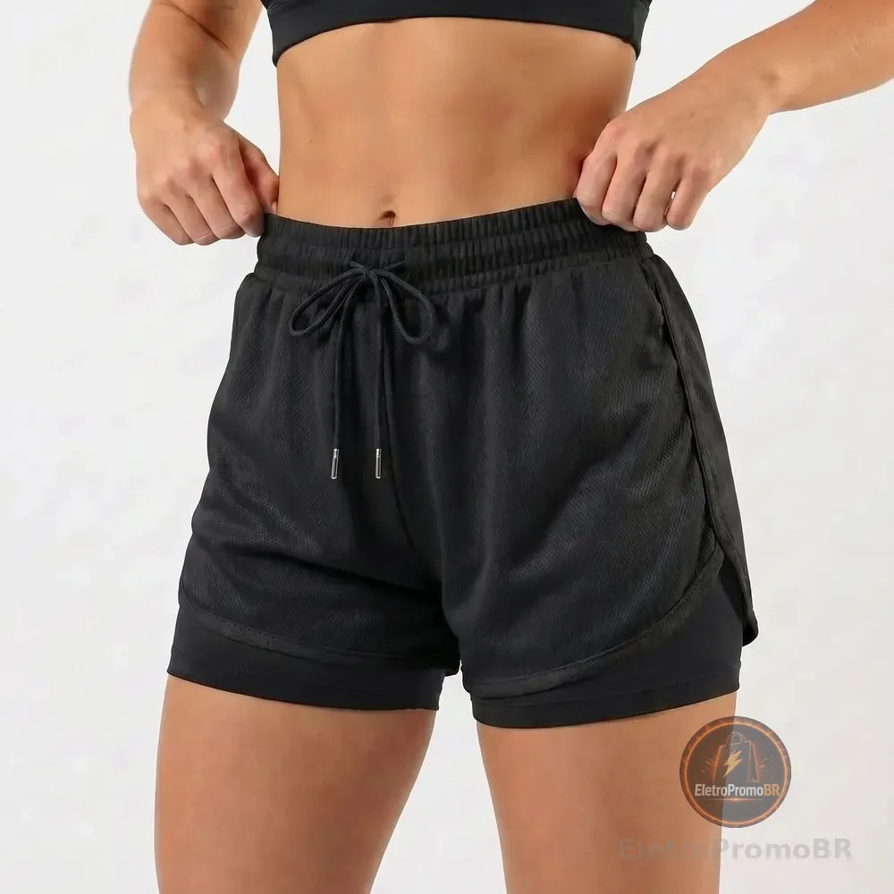 Short Duplo Compreensão Fitness Academia Bermuda Feminina Preto Liso G