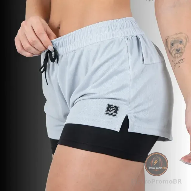 Shorts 2 Em 1 Feminino Academia Duplo Bolso Interno Corrida